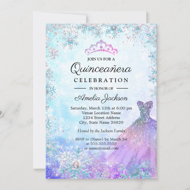 Convites Flocos de Neve com Brilho Azul Roxo Quinceanera de (Frente)