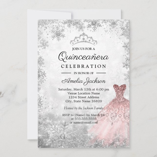 Convites Flocos de neve, cor-de-rosa prateada Quinceanera d (Frente)
