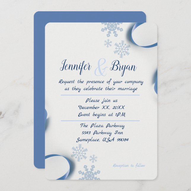Convites Flocos de neve de inverno e Fitas de Fita de Casam (Frente/Verso)