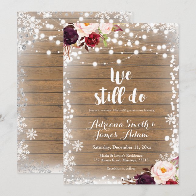 Convites Flocos de Neve de Inverno Marsala Casamento Aniver (Frente/Verso)