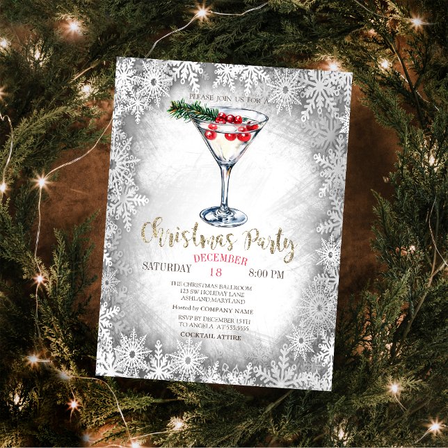 Convites Flocos de Neve de Martini de Natal Cinza (Criador carregado)