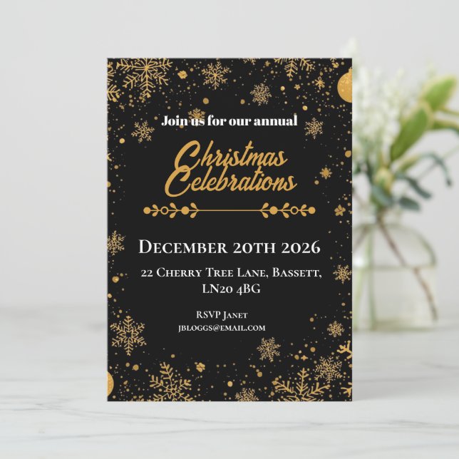 Convites Flocos de Neve de Natal Dourados e Pretos (Em pé/Frente)