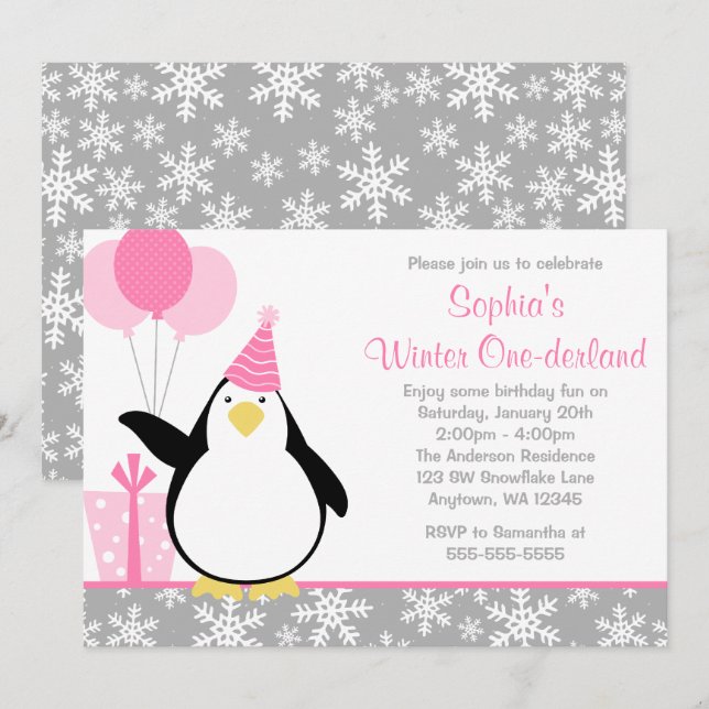 Convites Flocos de Neve de Pinguim Aniversário de Onederlan (Frente/Verso)