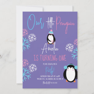 Convites Flocos de Neve de Pinguim Rosa Azul 1º Aniversário