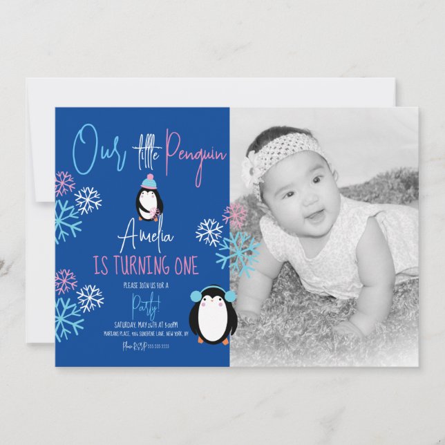 Convites Flocos de Neve de Pinguim Rosa Azul Aniversário de (Frente)