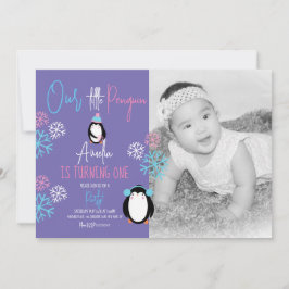 Convites Flocos de Neve de Pinguim Rosa Azul Aniversário de