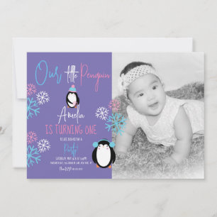 Convites Flocos de Neve de Pinguim Rosa Azul Aniversário de