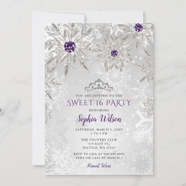Convites Flocos de neve de prata roxa Tiara Sweet 16 (Frente)
