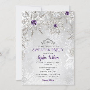 Convites Flocos de neve de prata roxa Tiara Sweet 16