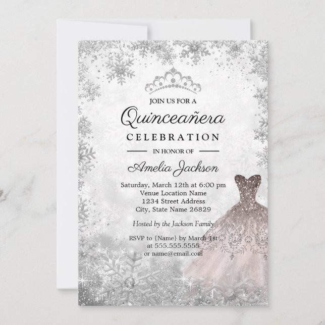 Convites Flocos de Neve de Rosa Dourado Quinceanera de Inve (Frente)