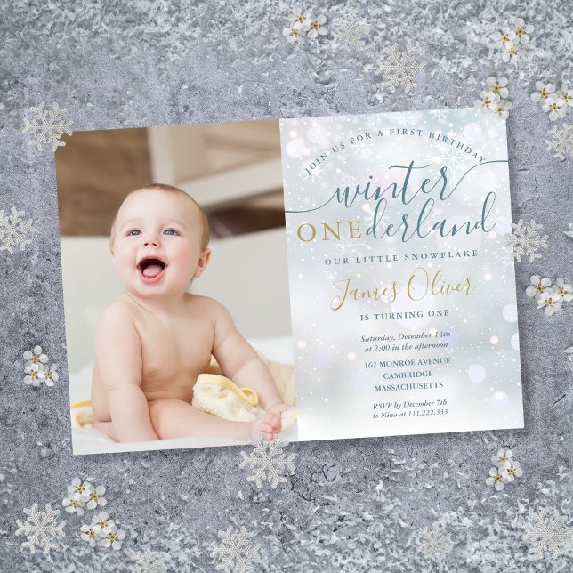 Convites Flocos de neve do primeiro aniversario Winter ONEd (Winter ONEderland 1st Birthday Photo Snowflakes Invitation)