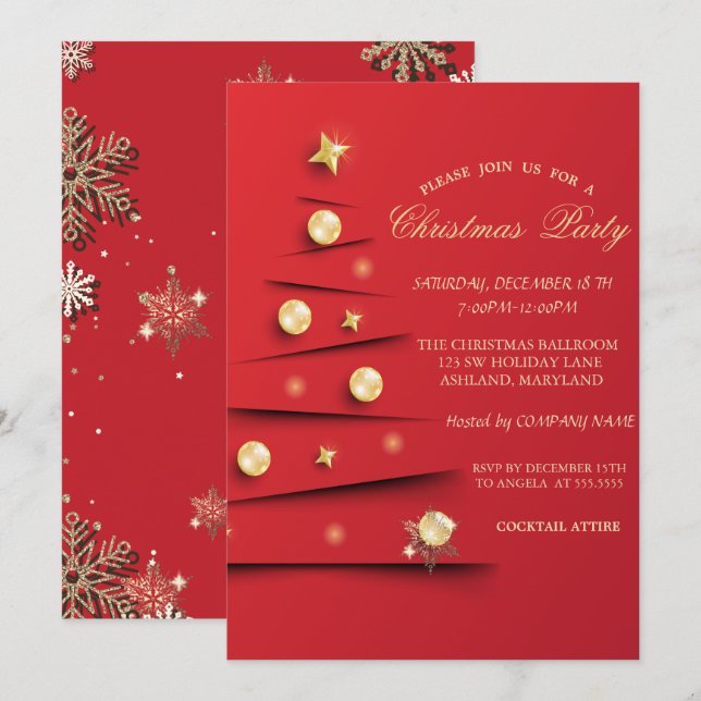 Convites Flocos de neve Dourados, Bolas de Árvore de Natal, (Frente/Verso)