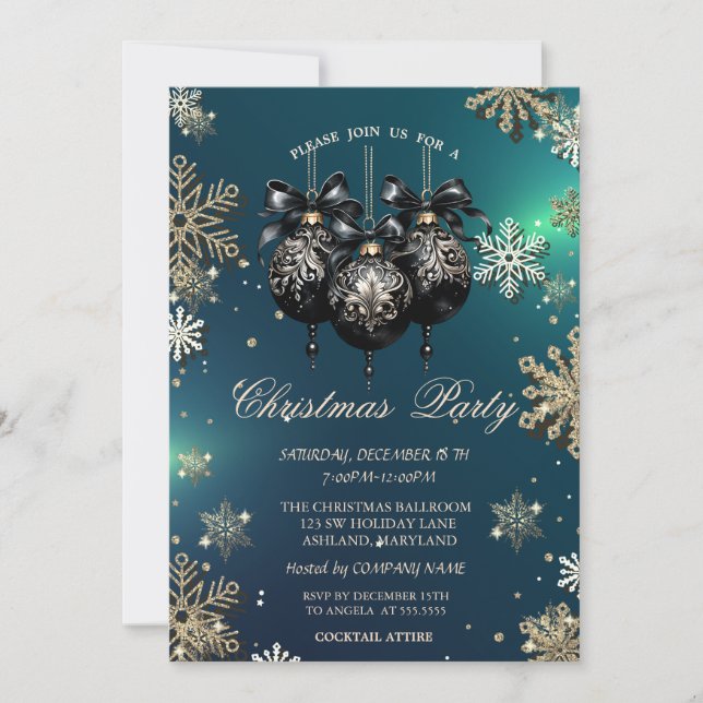 Convites Flocos de Neve Dourados, Bolas de Natal, Empresa V (Frente)
