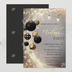 Convites Flocos de Neve Dourados, Bolas Pretas, Luzes de Na