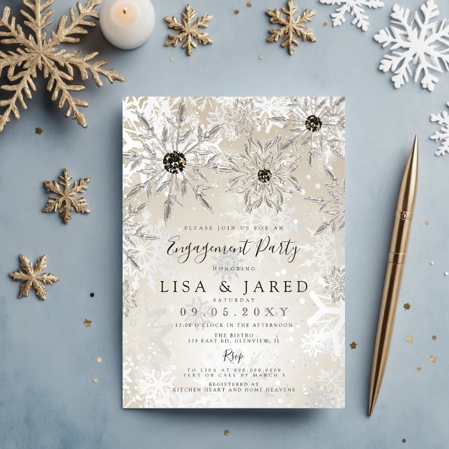 Convites Flocos de neve Dourados de prata Festa de noivado  (Silver Gold Snowflakes Winter Engagement Party Invitation)