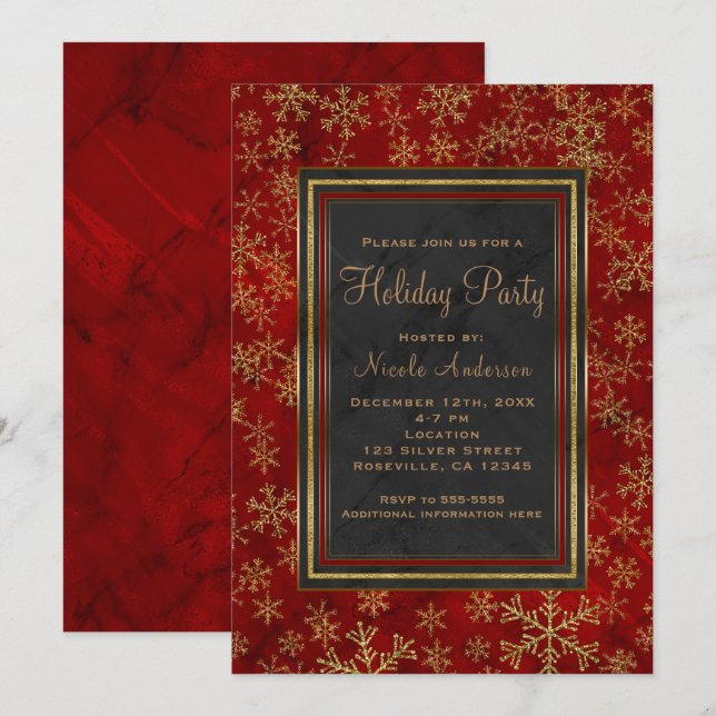 Convites Flocos de neve Dourados do Mármore Vermelho do Fer (Frente/Verso)