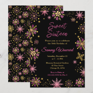 Convites Flocos de Neve Dourados e Rosados Sweet Sixteen