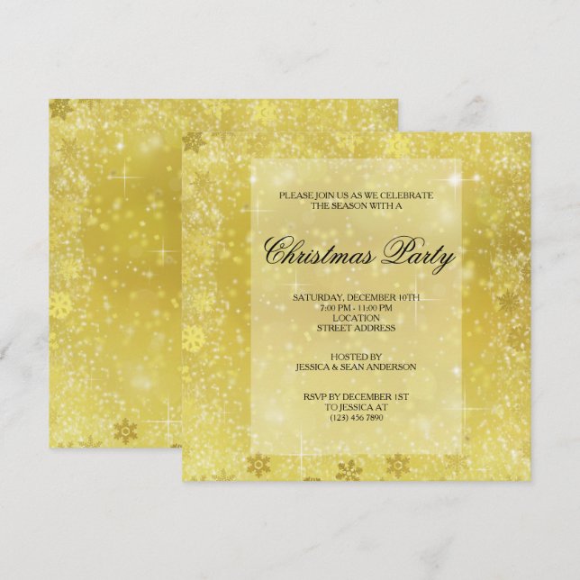 Convites Flocos de Neve Dourados Elegantes & Brilhos Natal (Frente/Verso)