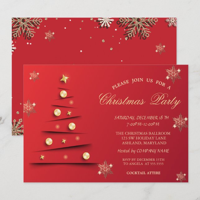 Convites Flocos de Neve Dourados, Empresa de Bolas de Natal (Frente/Verso)