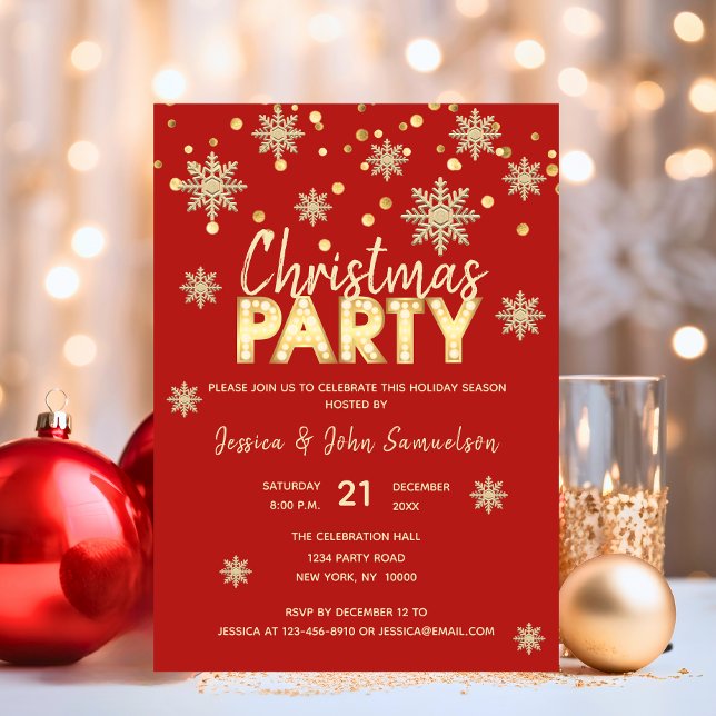 Convites Flocos de neve Dourados Flocos de neve Frio Vermel (Modern Snowflakes Gold Red CHRISTMAS PARTY Invitation)