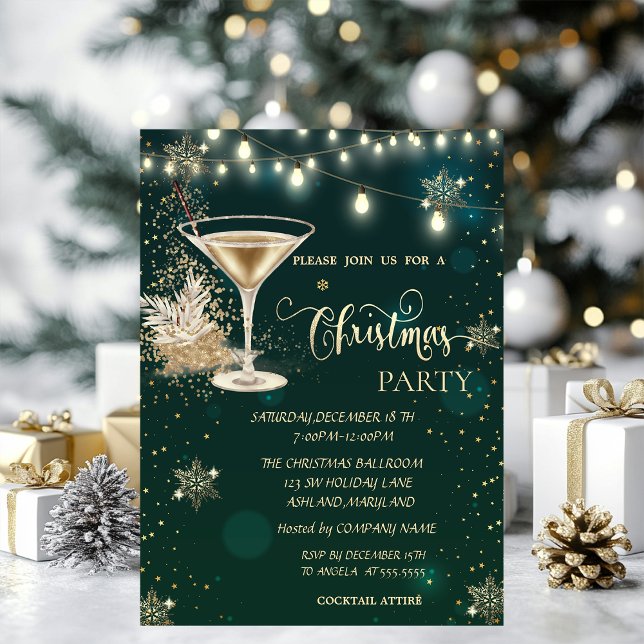 Convites Flocos de neve Dourados,Vidro,Luzes de Natal Verde (Criador carregado)