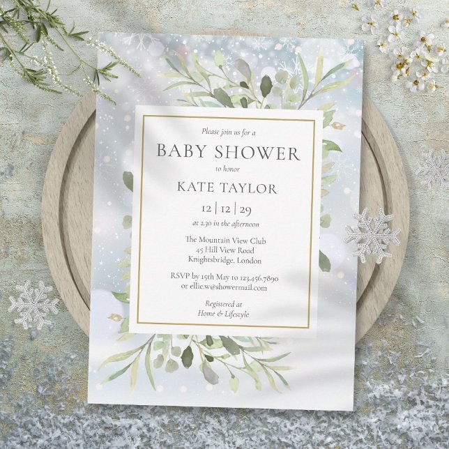 Convites Flocos de Neve Elegantes de Inverno Churrasco de B (Elegant Winter Snowflakes Greenery Baby Shower Invitation)