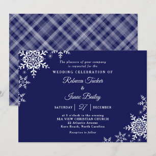 Convites Flocos de Neve Elegantes Xadrez Casamento Azul Mar