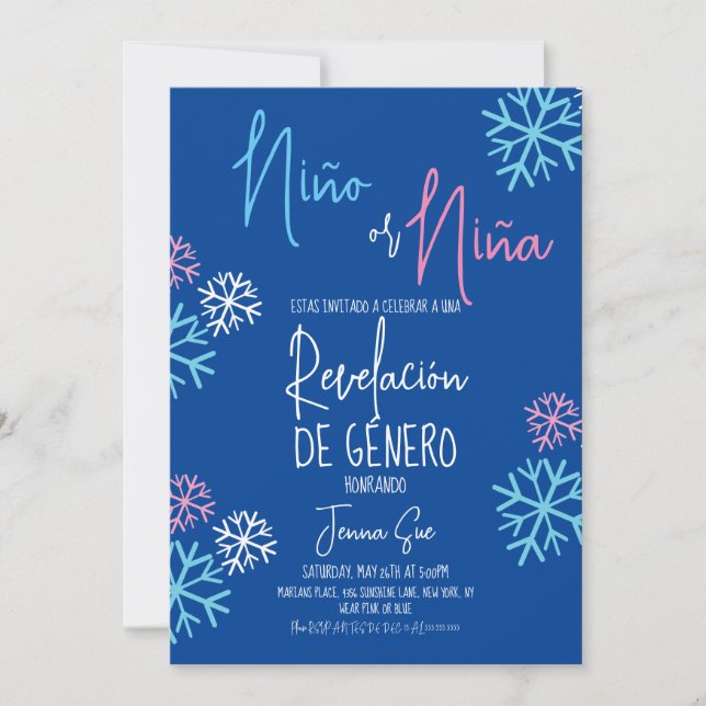 Convites Flocos de Neve Espanhóis Rosa Azul Revelação de Gê (Frente)