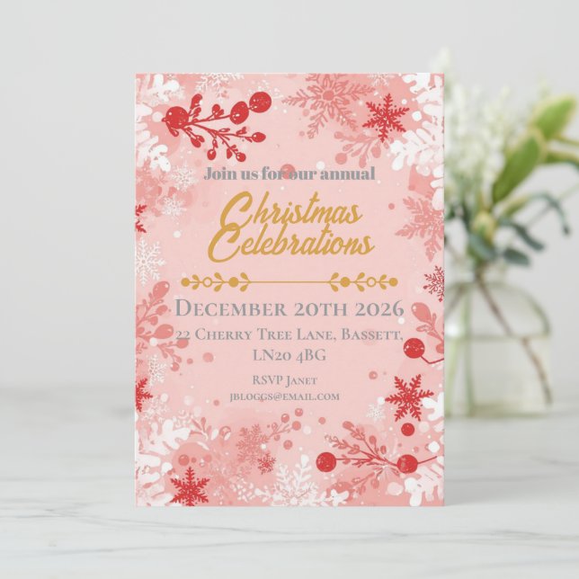 Convites Flocos de Neve Festivos Brancos e Rosas (Em pé/Frente)