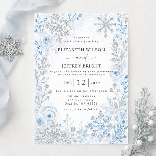Convites Flocos de Neve Florais Prata Azul Casamento de Inv