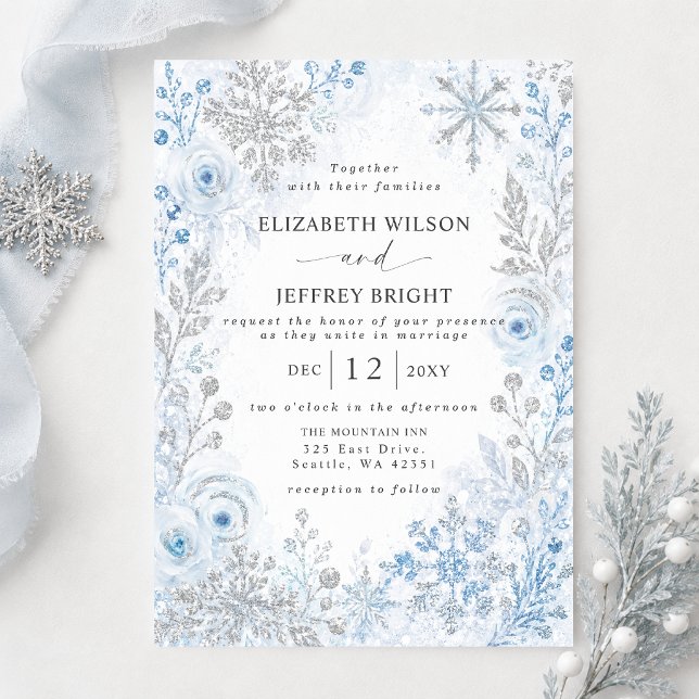 Convites Flocos de Neve Florais Prata Azul Casamento de Inv (Silver Blue Snowflakes Floral Winter Wedding Invitation)