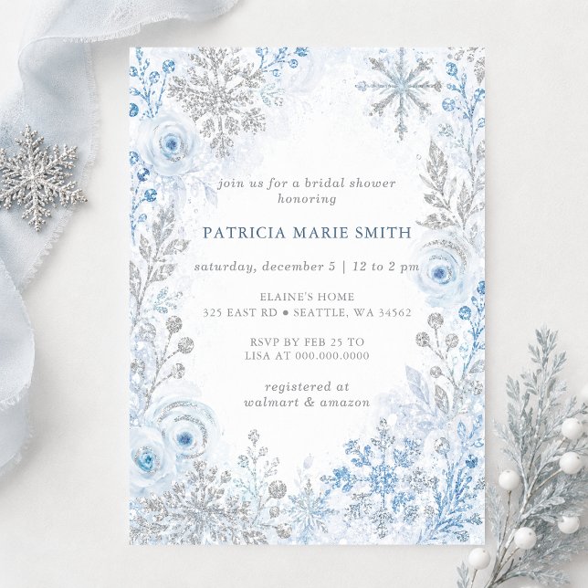 Convites Flocos de Neve Florais Prata Azul Chuveiro de Noiv (Silver Blue Snowflakes Floral Winter Bridal Shower Invitation)