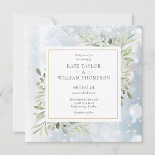 Convites Flocos de Neve Folhas de Aquarela Verde Casamento