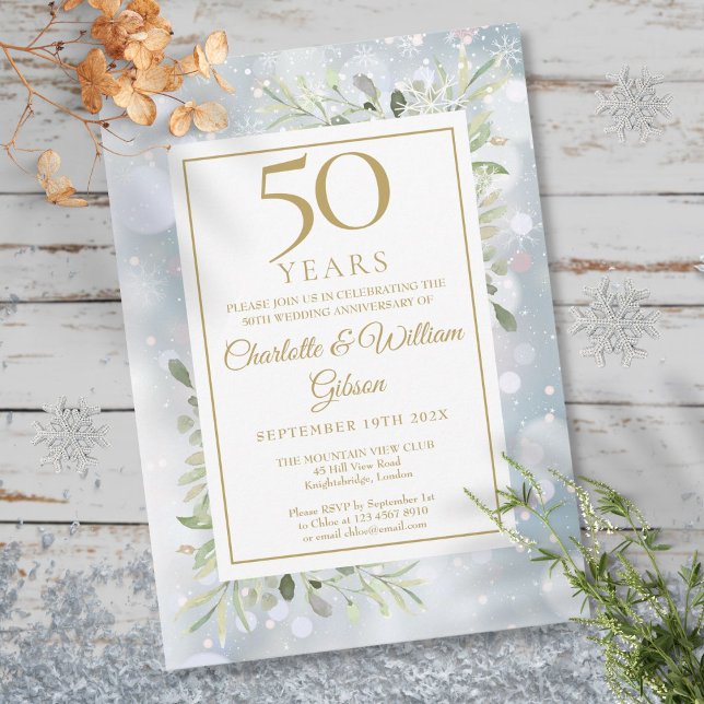 Convites Flocos de Neve Folhas de Verdura no 50º Aniversári (50th Gold Anniversary Snowflakes Greenery Leaves Invitation)