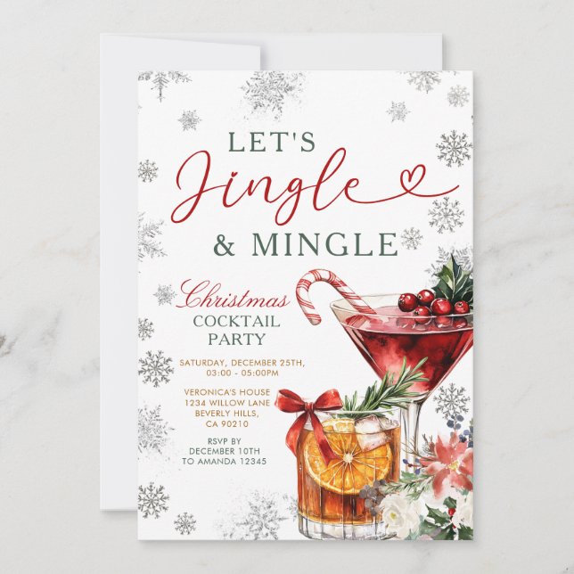 Convites Flocos de Neve Jingle & Mingle Coquetel de Natal  (Frente)