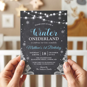 Convites Flocos de neve Lace Baby Boy Primeiro Aniversário
