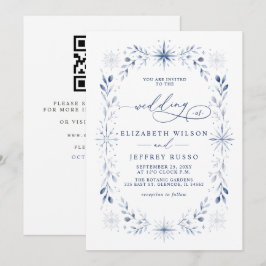 Convites Flocos de Neve Monograma Azul Casamento Código QR 