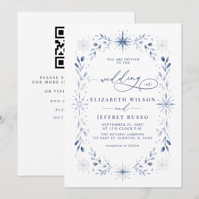 Convites Flocos de Neve Monograma Azul Casamento Código QR  (Frente/Verso)