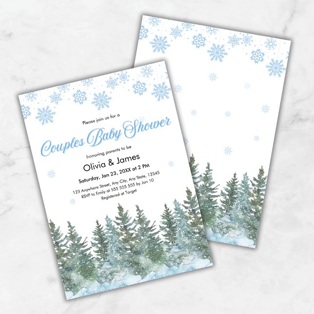 Convites Flocos de Neve Pinheiros Inverno Casais Chás de Be (Snowflakes Pine Trees Winter Couples Baby Shower Invitation  )
