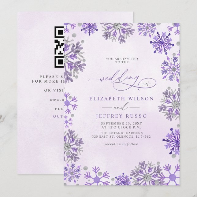 Convites Flocos de Neve Prata Roxo Inverno Código QR Casame (Frente/Verso)