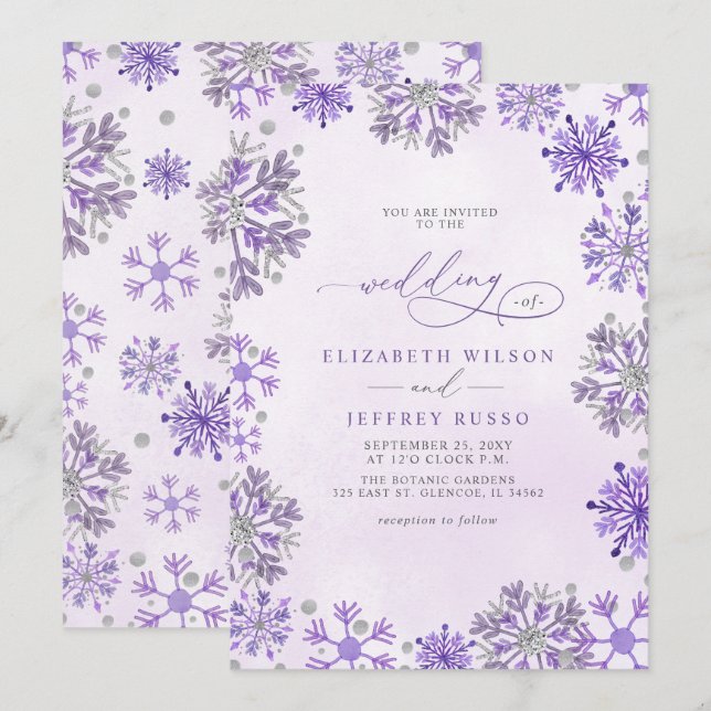 Convites Flocos de Neve Prata Roxo Natal Inverno Casamento (Frente/Verso)