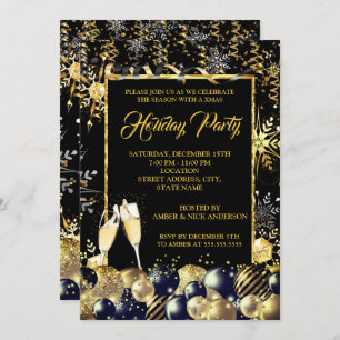 Convites Flocos de neve pretos Dourados do Feriado de Natal