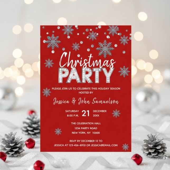 Convites Flocos de neve RED Silver Holiday CHRISTMAS PARTID (Snowflakes RED Silver Holiday CHRISTMAS PARTY Invitation)