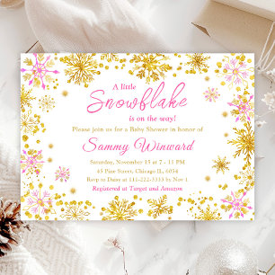 Convites Flocos de Neve Rosa e Dourado Chás de Bebê de Inve