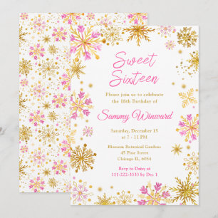 Convites Flocos de Neve Rosa e Dourado Winter Sweet Sixteen