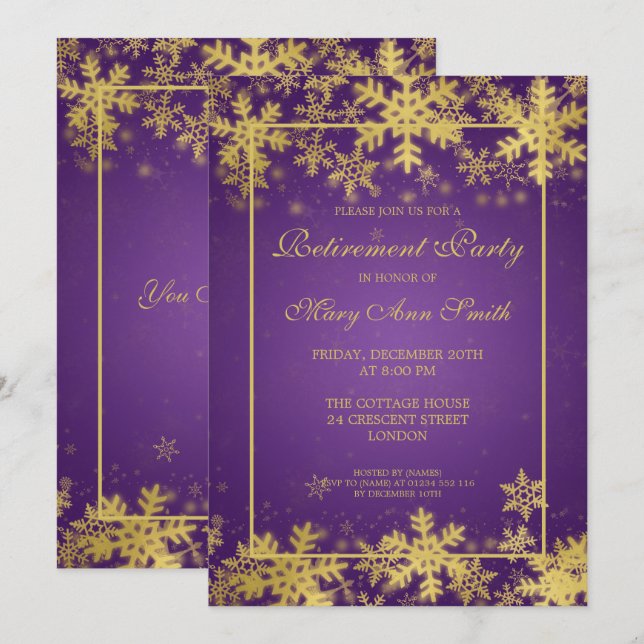 Convites Flocos de neve roxos Dourados do Partido da Reform (Frente/Verso)