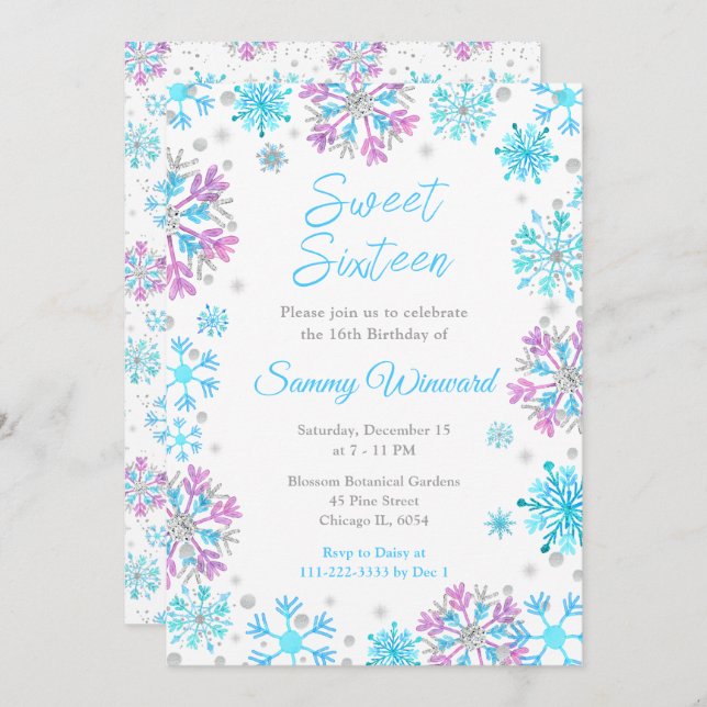 Convites Flocos de neve roxos e azuis doces 16 (Frente/Verso)