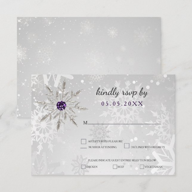 Convites flocos de neve roxos prateados casamento no invern (Frente/Verso)