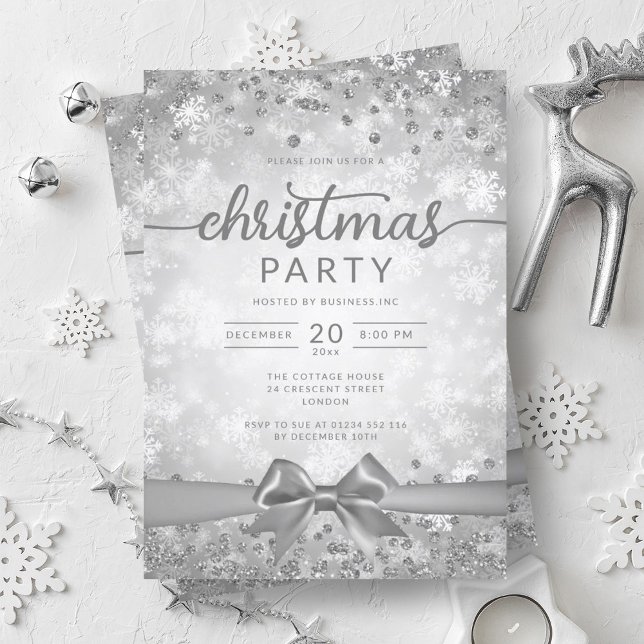 Convites Flocos de Neve Silver Winter (Silver Winter Snowflakes Company Ribbon Invitation)