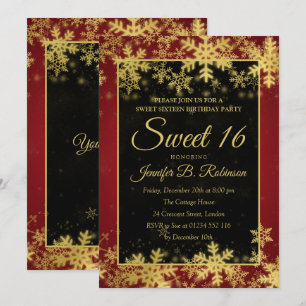 Convites Flocos de neve vermelho e dourado do aniversário d